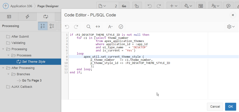 PL/SQL Code zum Umstellen des aktuellen Theme Style einer Anwendung